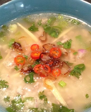 thai rice soup khao tom kradok moo